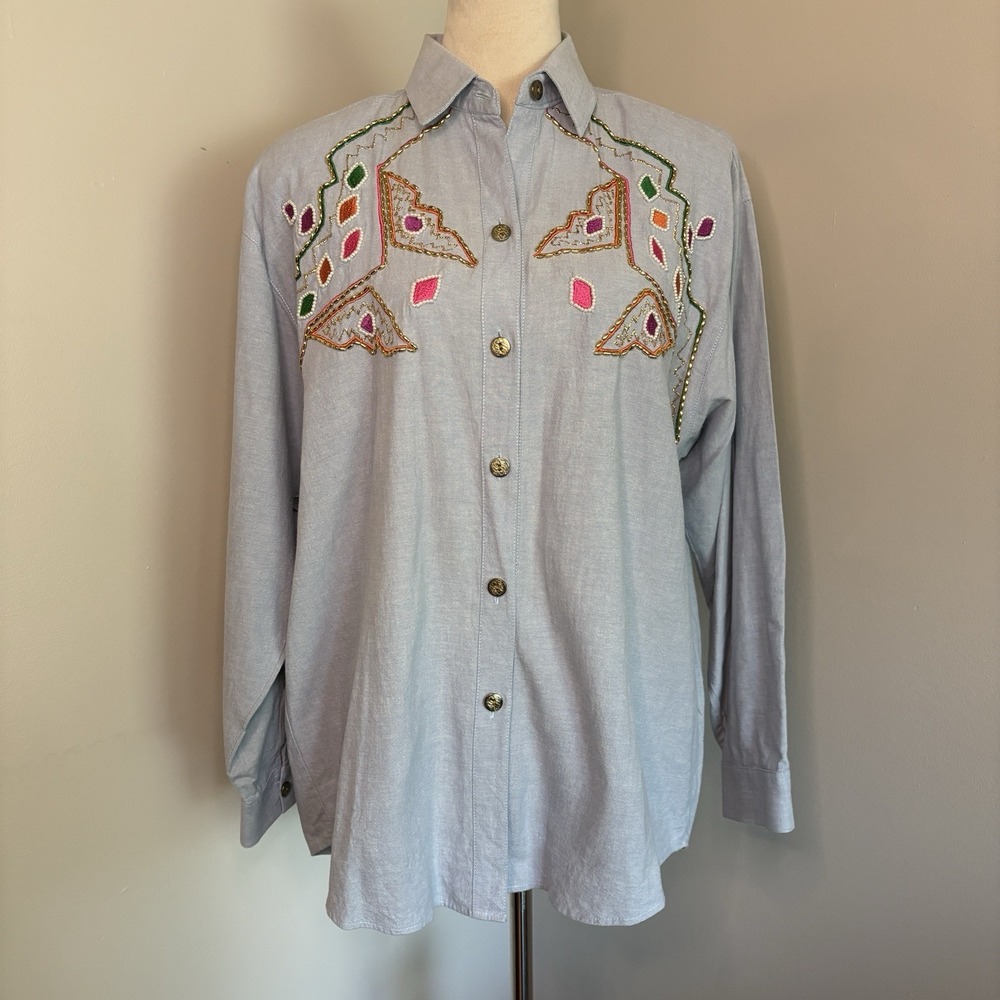 VTG Jane Ashley Denim Shirt Embroidered Beaded Button Up 90's Western Top Medium